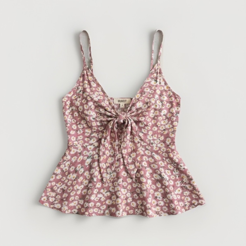 HUHOT Floral Tie-Front Peplum Cami, Size Small, Mauve/Pink